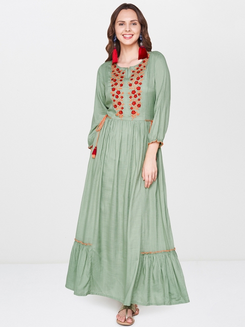 

Global Desi Women Green Embroidered A-Line Kurta