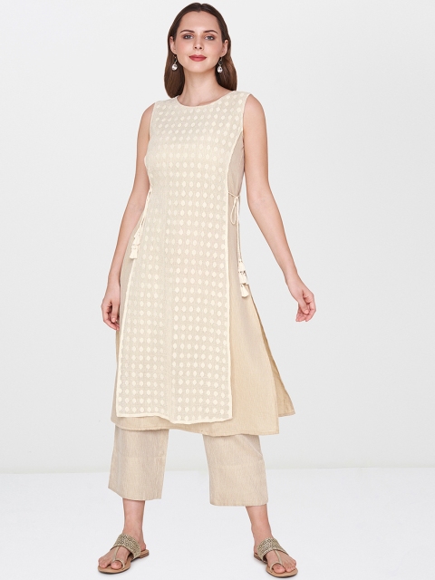 

Global Desi Women Beige Self Design Kurta with Trousers