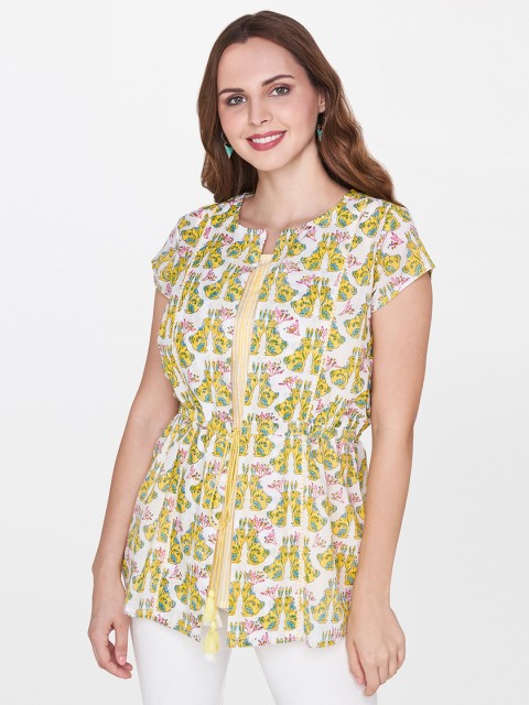 

Global Desi Women Yellow Printed A-Line Pure Cotton Top
