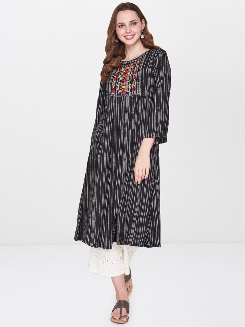 

Global Desi Women Black Striped A-Line Kurta
