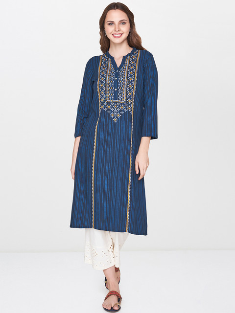 

Global Desi Women Blue Striped A-Line Kurta