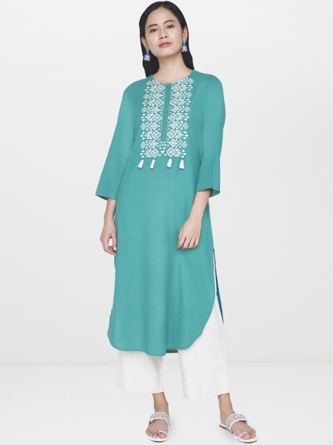 

Global Desi Women Teal Green Yoke-Design Straight Kurta