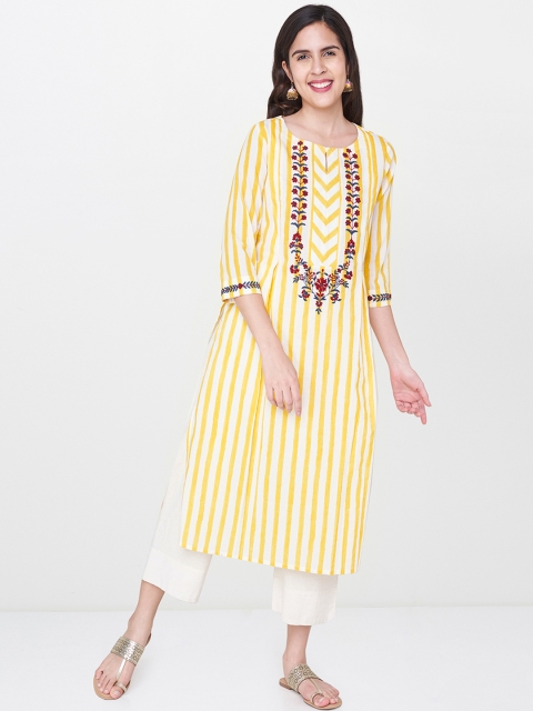

Global Desi Women Yellow & White Striped Straight Kurta