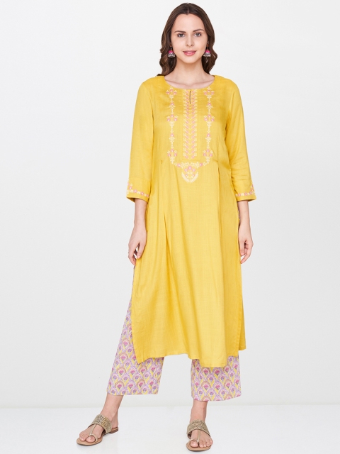 

Global Desi Women Yellow Yoke Design Straight Kurta
