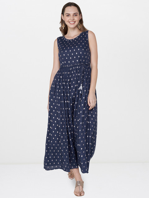 

Global Desi Women Blue Printed Maxi Dress, Navy blue