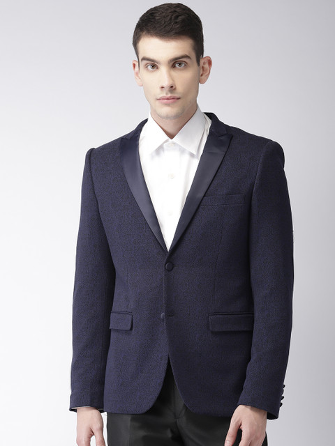 

Arrow Men Navy Blue Self Design Zero Calorie Fit Tuxedo Formal Blazer