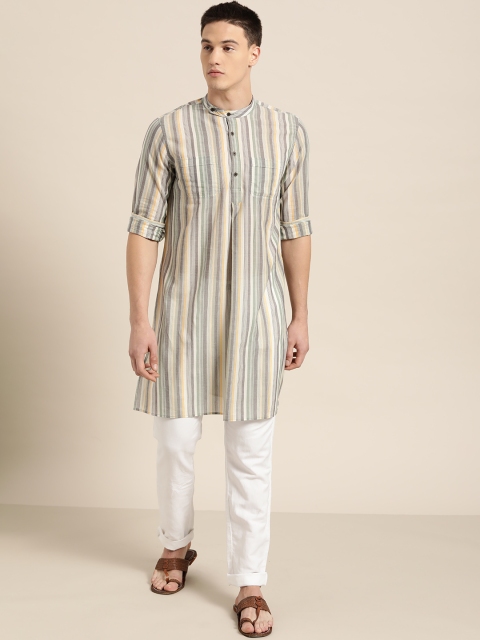 

Sangria Men Off-White & Grey Striped Straight Kurta