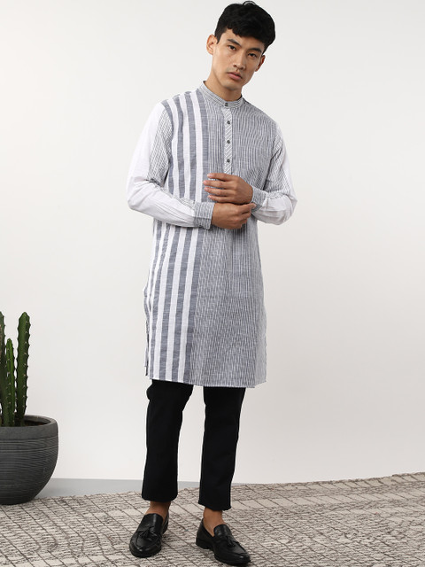 

Sangria Men Grey & White Striped Straight Kurta