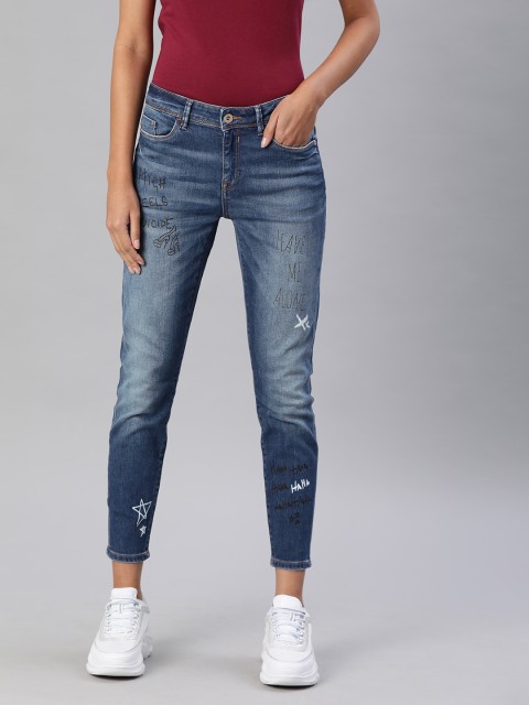 

ONLY Women Blue Skinny Fit Mid-Rise Clean Look Printed Stretchable Cropped Jeans