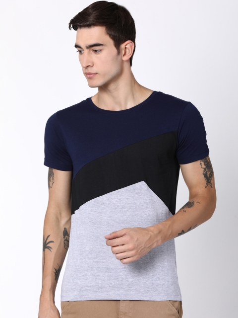 

Blue Saint Men Navy & Grey Melange Colourblocked Round Neck T-shirt, Navy blue