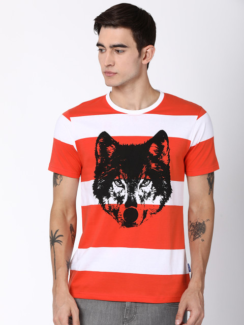 

Blue Saint Men Orange Striped Round Neck T-shirt