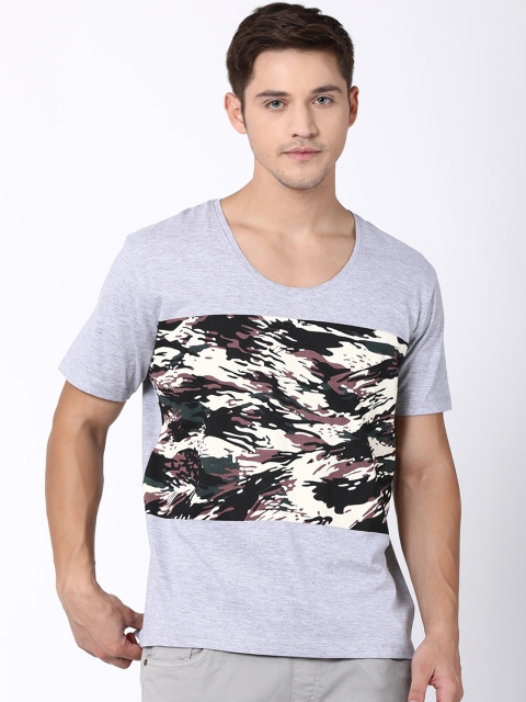 

Blue Saint Men Grey Melange Printed Round Neck T-shirt