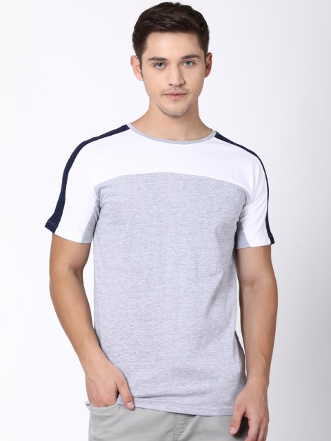 

Blue Saint Men Grey Melange & White Colourblocked Round Neck T-shirt