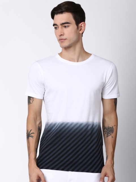 

Blue Saint Men White & Grey Striped Round Neck T-shirt with Dyed Effect
