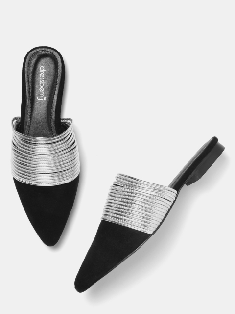 

DressBerry Women Black & Silver-Toned Striped Mules