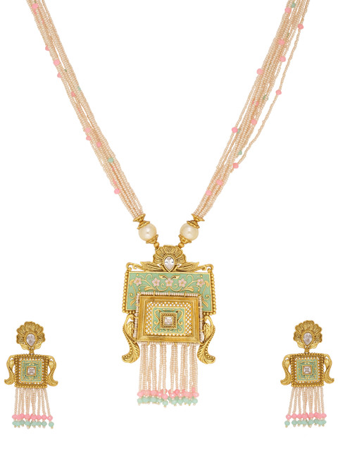 

Voylla Women Brass-Plated & Enamelled Pearl Beaded Multistranded Jewellery Set, Gold