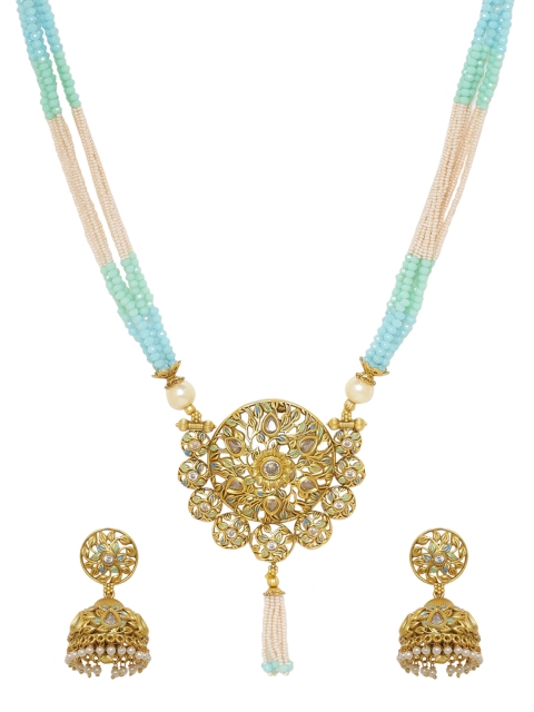 

Voylla Women Gold-Plated White & Blue Stone-Studded Jewellery Set