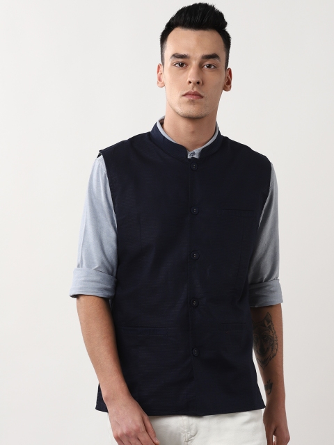 

Sangria Men Navy Blue Self-Striped Nehru Jacket