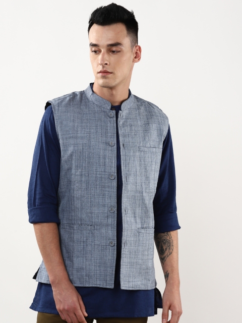 

Sangria Men Blue Woven-Design Nehru Jacket