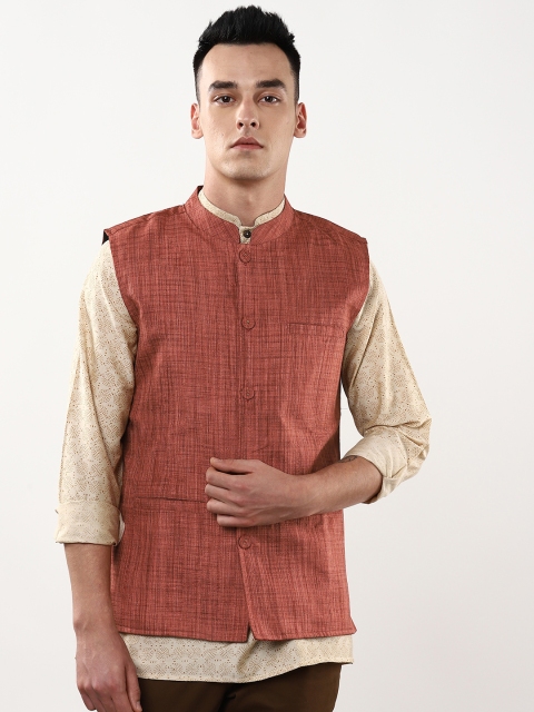 

Sangria Men Rust Orange Woven-Design Nehru Jacket