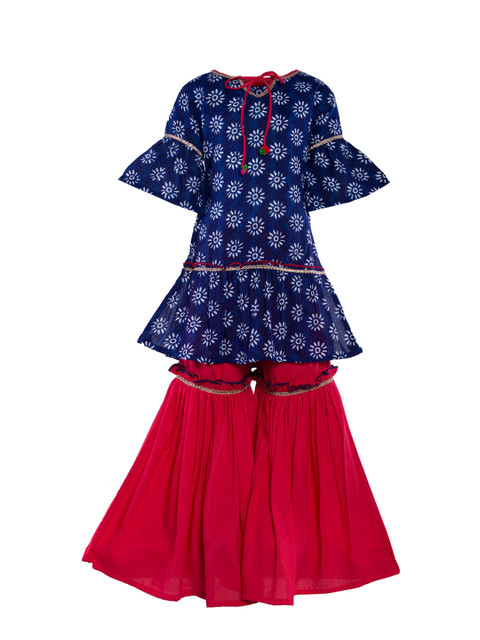 

Stylo Bug Girls Navy Blue & Red Printed Kurti with Sharara