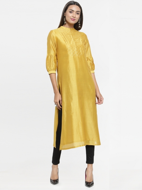 

Kiaasa Women Yellow Yoke Design Straight Kurta