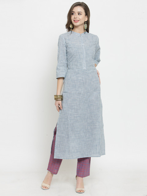 

Kiaasa Women White & Blue Checked Straight Kurta