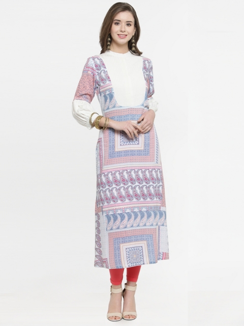 

Kiaasa Women White & Blue Printed A-Line Kurta