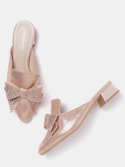 

DressBerry Women Rose Gold-Toned Embellished Mules with Bow Detail