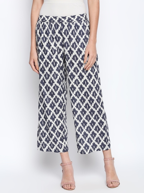 

RANGMANCH BY PANTALOONS Women Navy Blue & White Printed Cropped Straight Palazzos