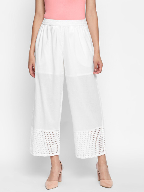 

RANGMANCH BY PANTALOONS Women White Hem Design Straight Palazzos