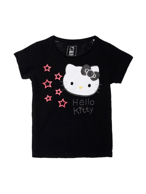 

Kids Ville Girls White Hello Kitty Printed Round Neck Half Sleeve T-shirt, Black
