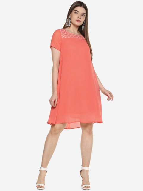 

Qurvii Plus Size Women Peach-Coloured Self Design A-Line Dress