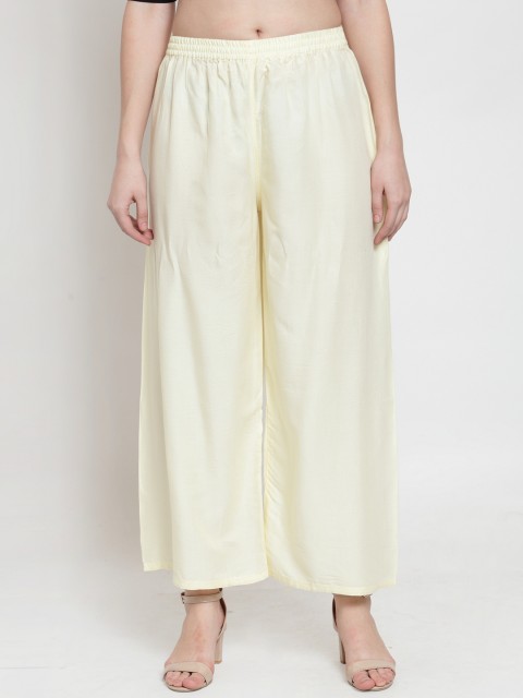 

Kiaasa Women Cream-Coloured Wide Leg Solid Palazzos