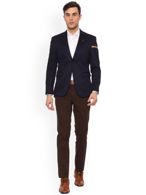 

V Dot Men Navy Blue & Brown Solid Slim Fit Single Breasted Suit