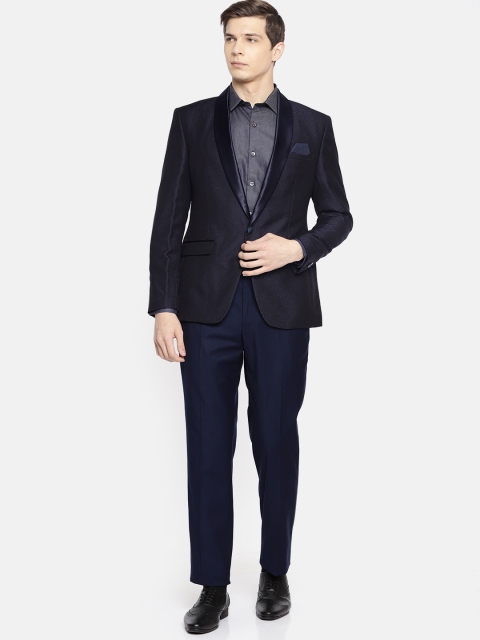 

Park Avenue Men Navy Blue & Black Super Slim Fit Single-Breasted Self-Design Formal Suit