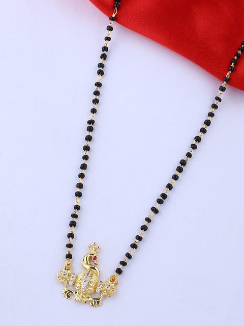 

Voylla Black Gold-Plated Peacock Shaped CZ-Studded & Beaded Mangalsutra