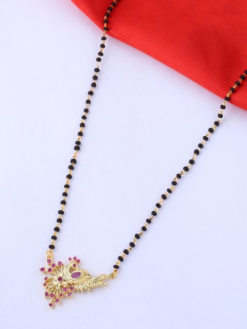 

Voylla Black & Pink Gold-Plated Peacock Shaped Stone-Studded & Beaded Mangalsutra