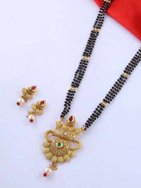 

Voylla Black Antique Gold-Plated Stone-Studded & Beaded Mangalsutra with Earrings Set