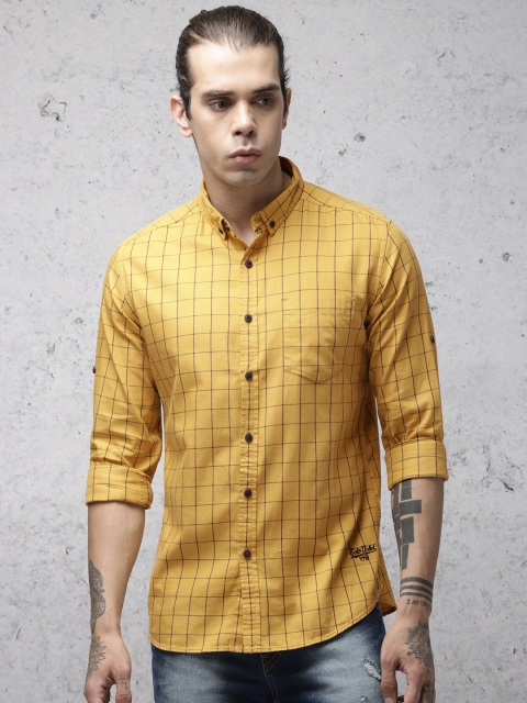 

Ecko Unltd Men Mustard Yellow & Navy Blue Slim Fit Checked Casual Shirt