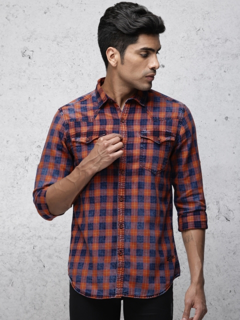 

Ecko Unltd Men Blue & Rust Slim Fit Checked Casual Shirt