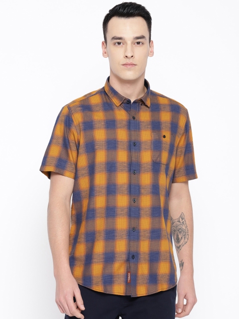 

Blackberrys Men Mustard Yellow & Navy Blue Slim Fit Checked Casual Shirt