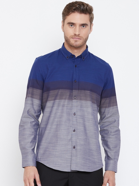 

Blackberrys Men Grey Melange & Blue Slim Fit Colourblocked Casual Shirt
