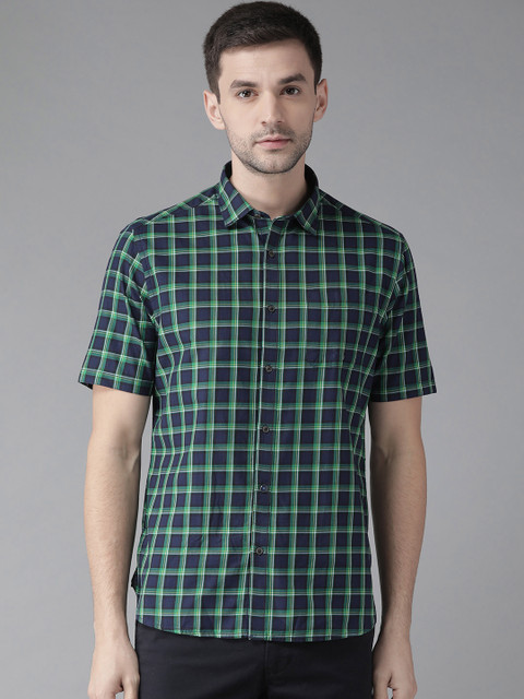 

Blackberrys Men Navy Blue & Green Slim Fit Checked Casual Shirt