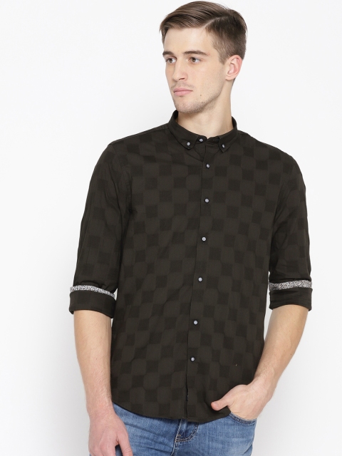 

Blackberrys Men Olive Green Slim Fit Checked Casual Shirt