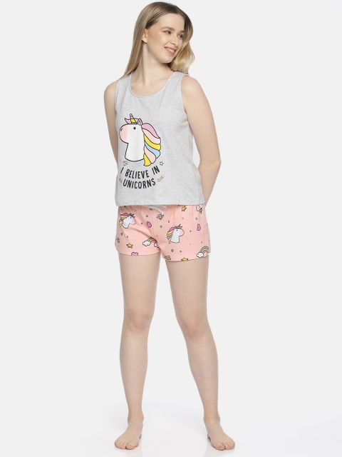 

Slumber Jill Women Grey Melange & Pink Printed Night suit