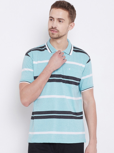 

Duke Men Blue Black Striped Polo Collar Pure Cotton T-shirt