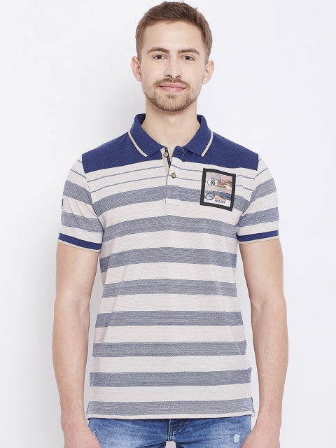 

Duke Men Navy Blue & Off-White Striped Polo Collar T-shirt