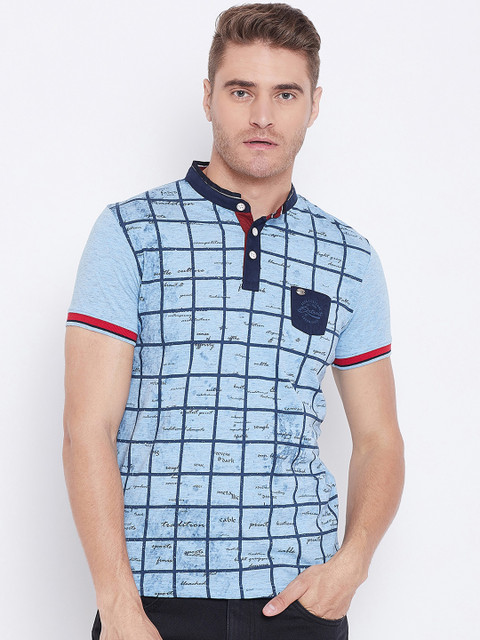

Duke Men Blue Checked Mandarin Collar T-shirt