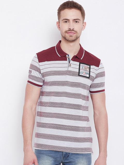 

Duke Men Burgundy & Grey Melange Striped Polo Collar T-shirt